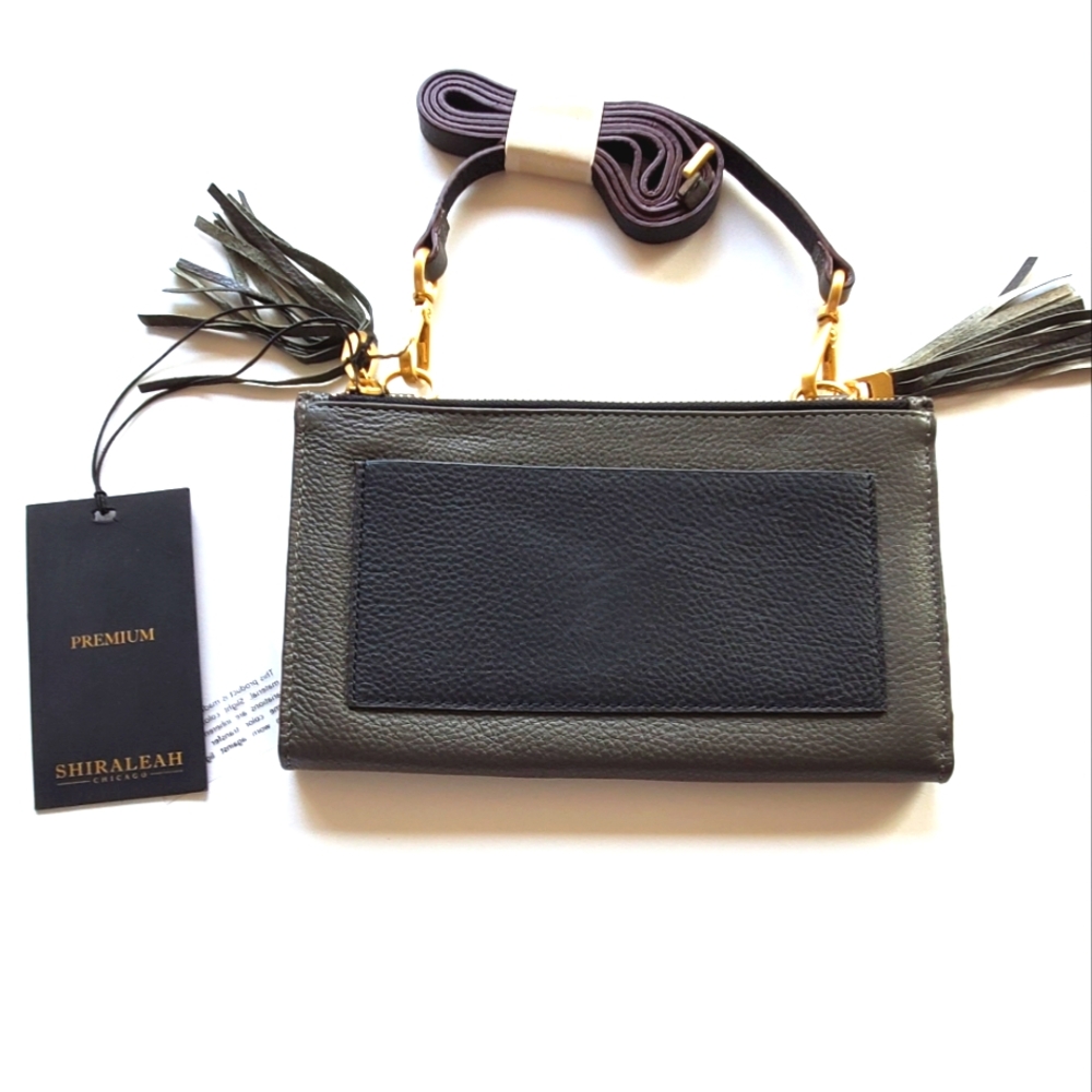 Shiraleah Of Chicago Preston Cross Body Wallet Gray Black Pebbled Leather Tassel